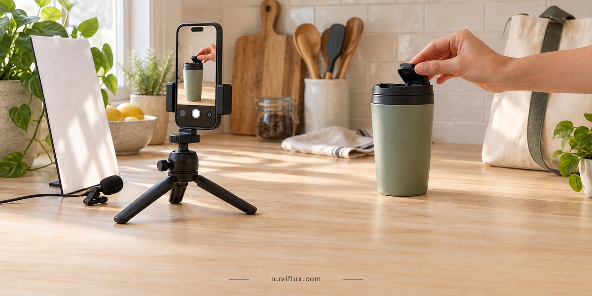 A concept filming setup with a vertical phone recording a hand demonstrating a travel mug.