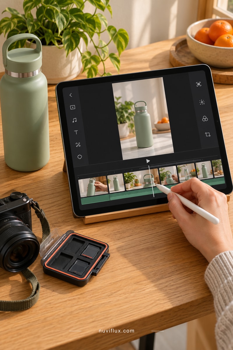 A creator edits a vertical bottle demonstration on a tablet at a wooden desk.