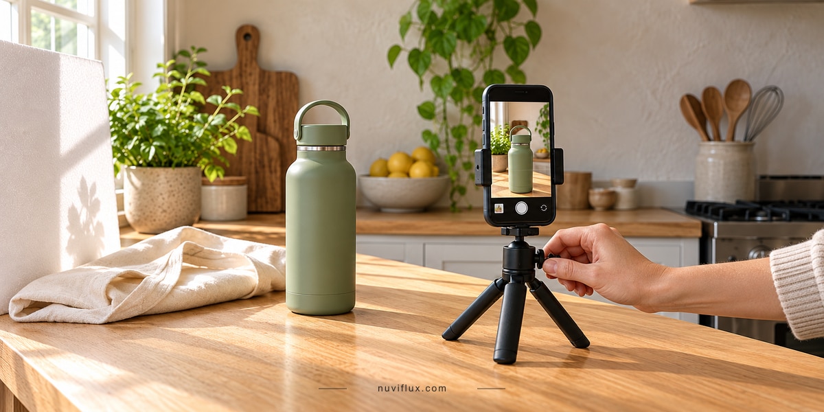 A creator adjusts a phone tripod to film a reusable bottle on a kitchen counter.