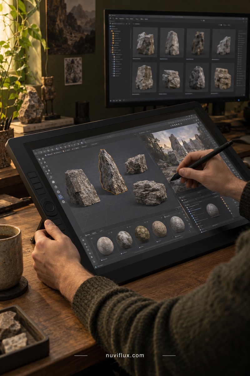 Hands refine a concept stone collection and its previews at a 3D workstation.