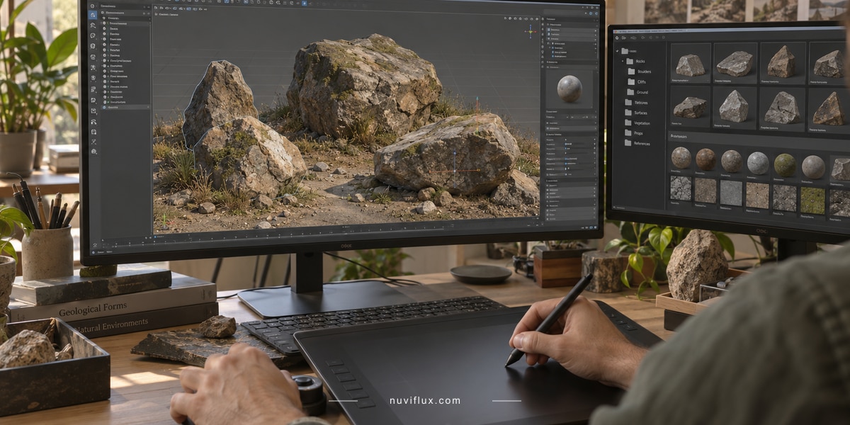 An artist arranges conceptual stone assets in a 3D viewport while organizing a themed collection.