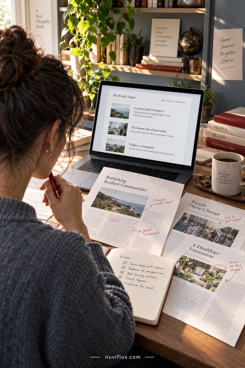 Portrait concept scene of an editor annotating sample articles beside a laptop feed overview.