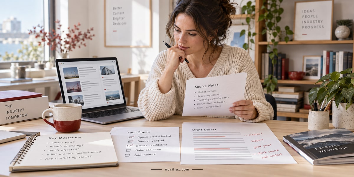 Concept scene of an editor comparing fictional source articles with a draft newsletter at a sunlit desk.