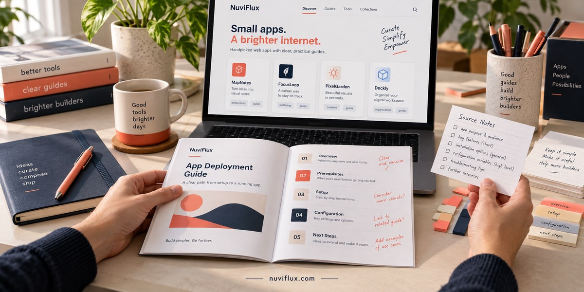 Concept scene of hands reviewing a fictional app-guide booklet beside an application directory.