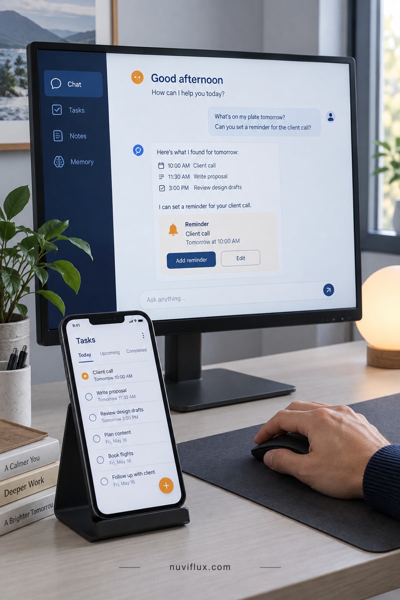A single-owner assistant concept on a desktop monitor and phone, with one hand resting on a mouse.