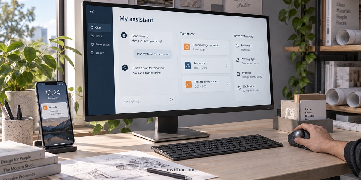 A personal assistant concept on a studio monitor with tasks, saved preferences and a phone reminder.