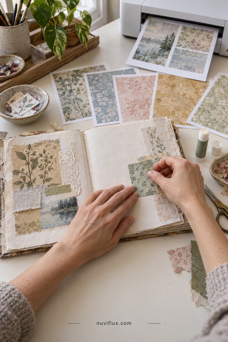 Hands arrange printed botanical paper in a handmade journal, with texture proofs and a printer nearby.