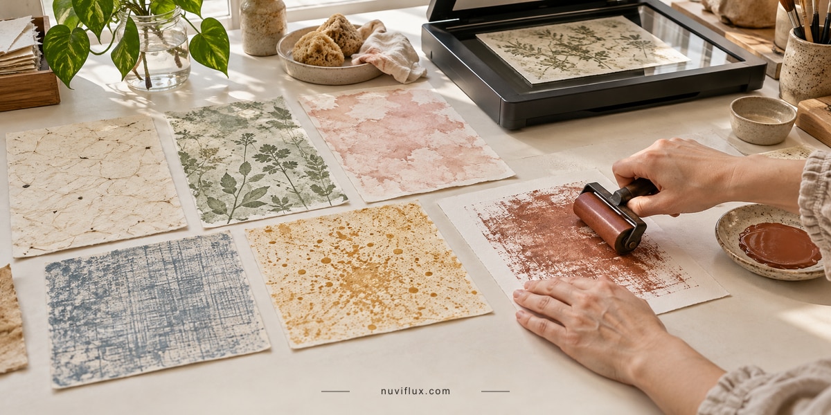 A paper artist makes a texture with a brayer beside a scanner and printed examples of original paper designs.