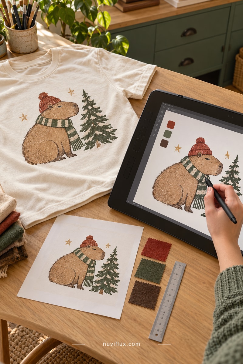 A designer refines an original capybara holiday graphic on a pen display beside a T-shirt placement preview.
