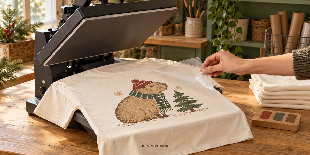 A maker lifts transfer film from an original capybara holiday print on a cream T-shirt beneath an open heat press.