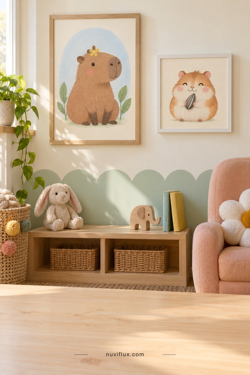 Photographic nursery concept displaying capybara and hamster cartoon prints above a child-size shelf and playful accessories.