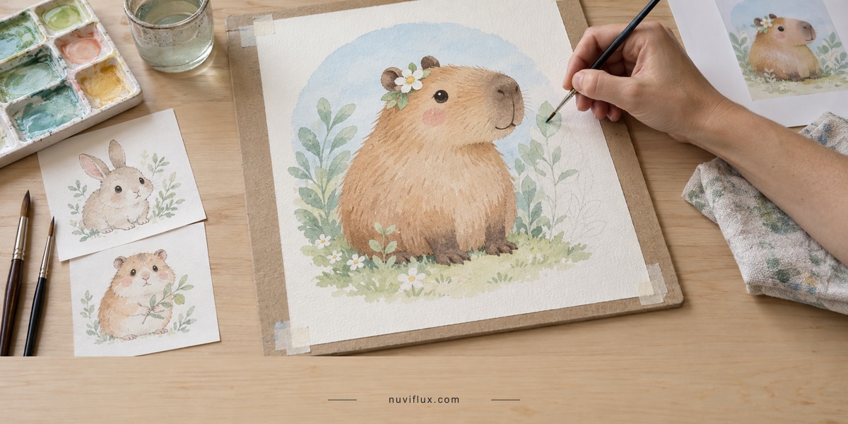 Concept making scene with a hand painting a cute capybara nursery illustration, watercolor tools and bunny and hamster sketches.