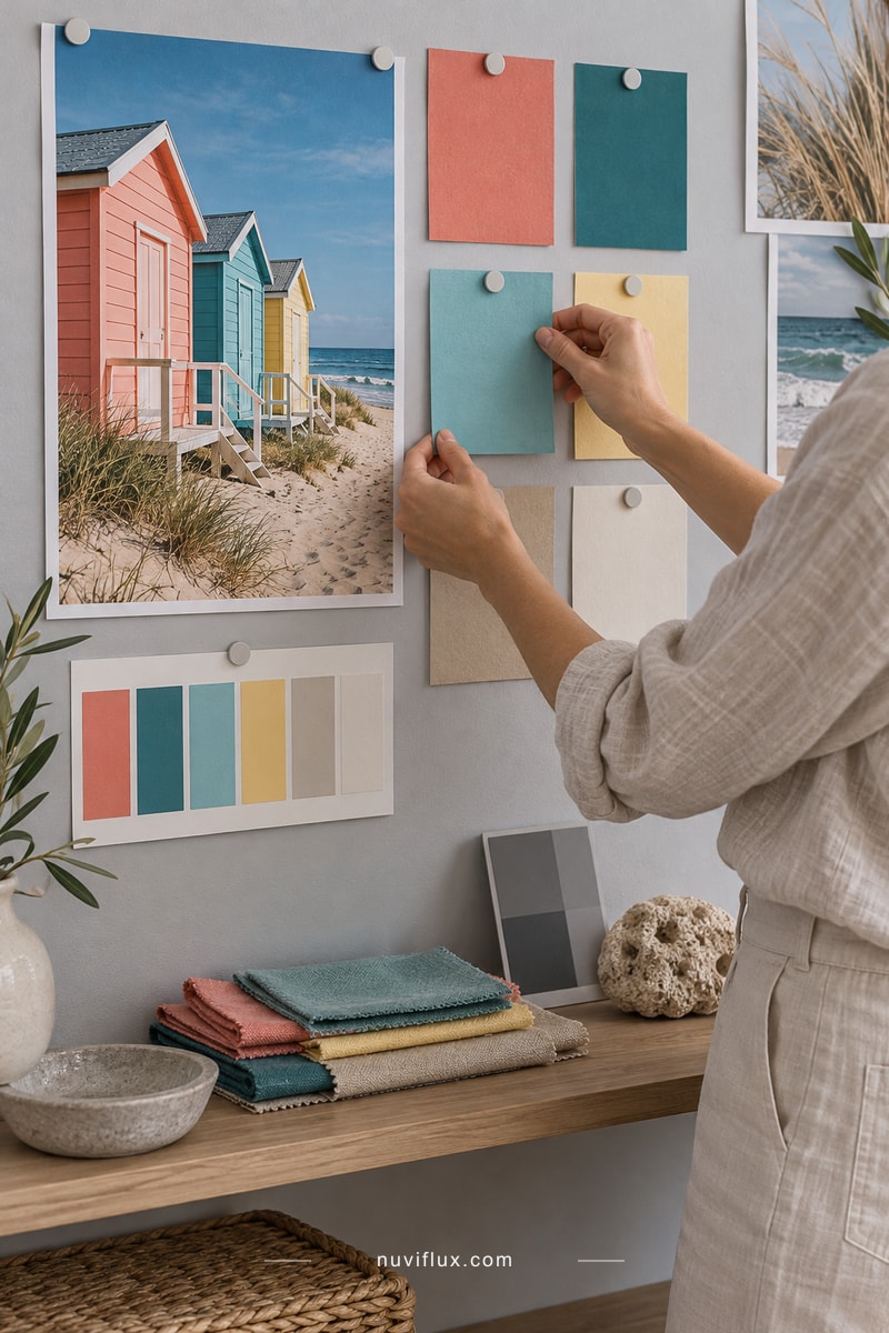 A designer arranges a reference photo and color swatches on a studio wall.