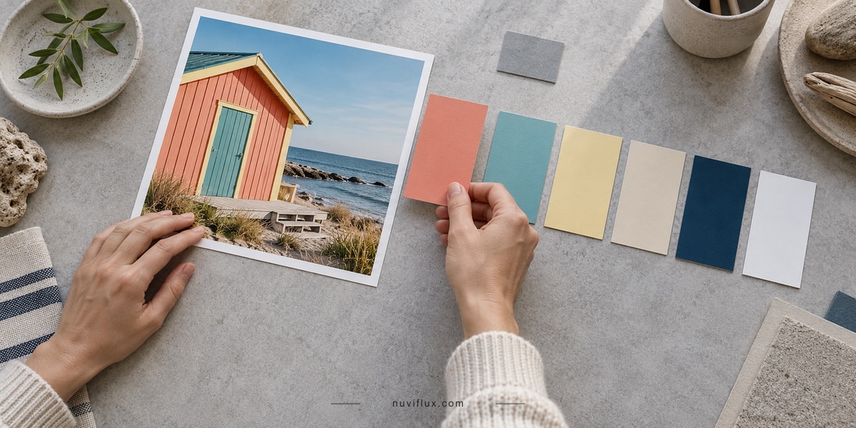 Hands compare a seaside beach-hut photograph with coral, turquoise, cream and navy color swatches.