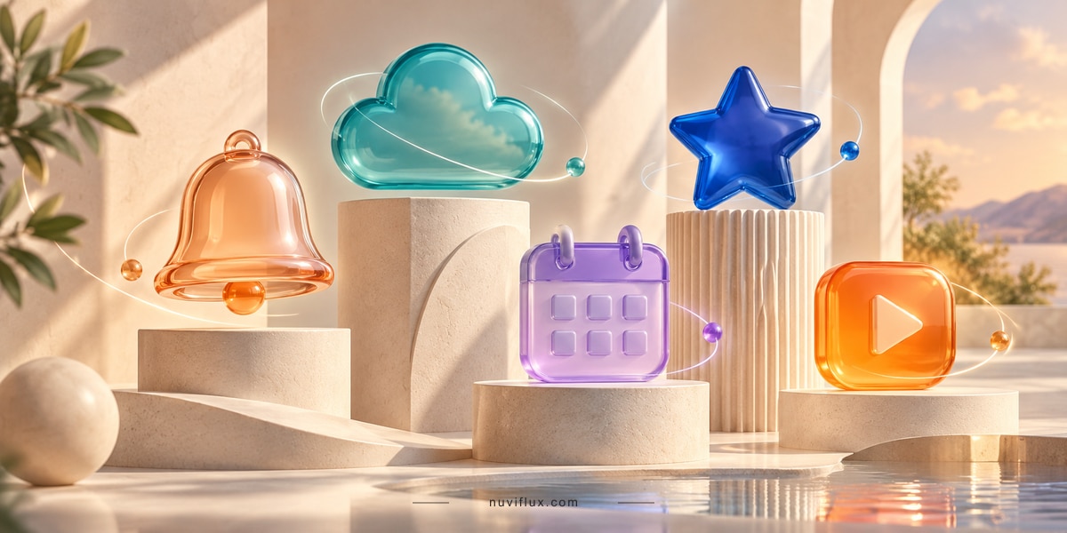Original wide concept scene for generate animated 3d icons with ai prompts.