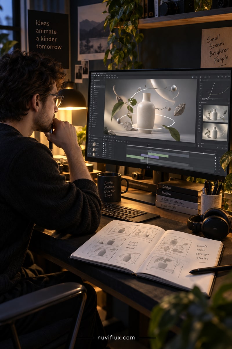 Portrait concept scene of a creator reviewing a ceramic product animation in a dark studio.