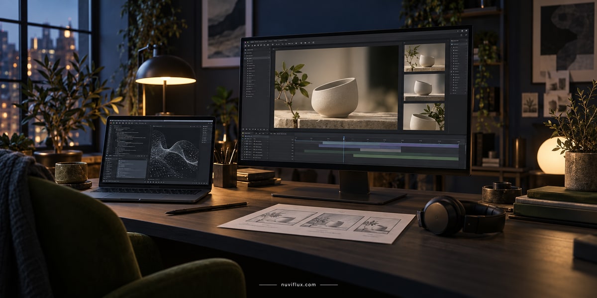 Evening studio concept scene with a product motion preview on a monitor and a storyboard on the desk.