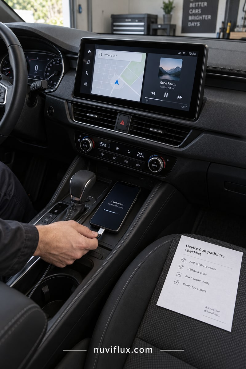 Portrait concept scene of a car head unit, phone connection and installation checklist inside a parked vehicle.