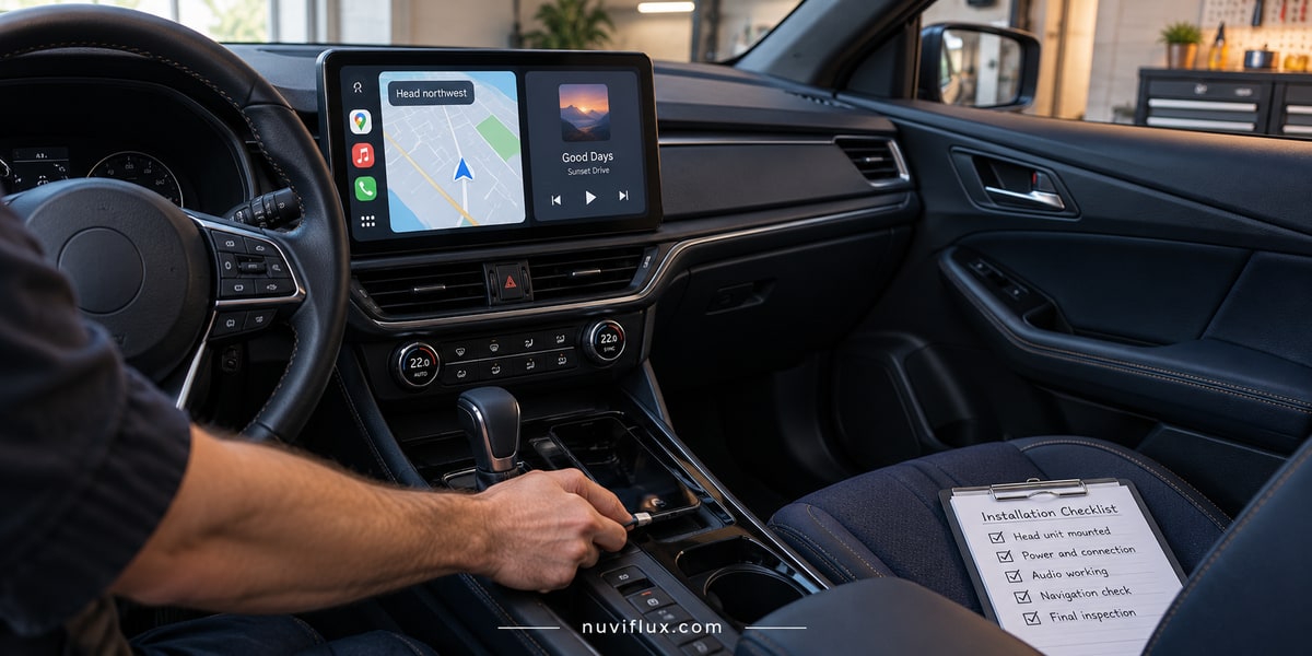 Concept scene of a parked car dashboard, a fictional projection screen and a technician's hand checking a phone cable.