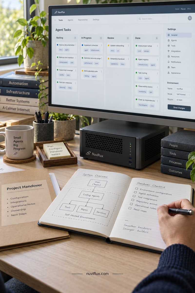 Vertical concept scene of hands documenting a self-hosted coding-agent workspace beside a compact server.