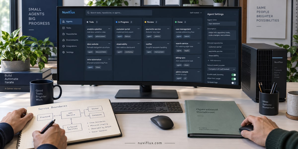 Concept coding-agent workspace with a task-board monitor, compact server and handover notes.