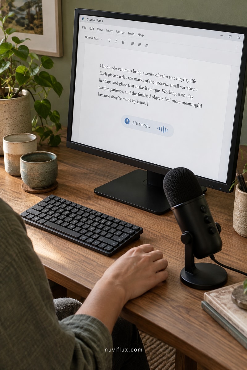 A microphone, keyboard and desktop editor show a conceptual local dictation workflow.