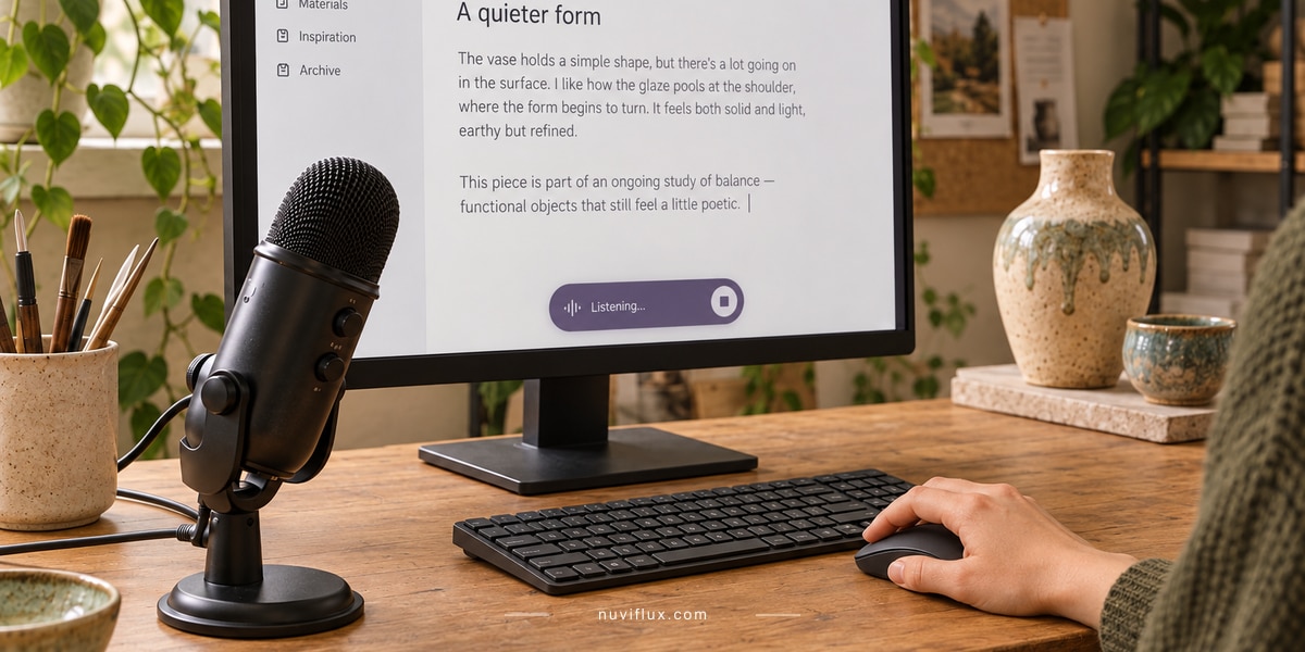A desk microphone and Linux writing app illustrate dictating a draft about handmade ceramics.