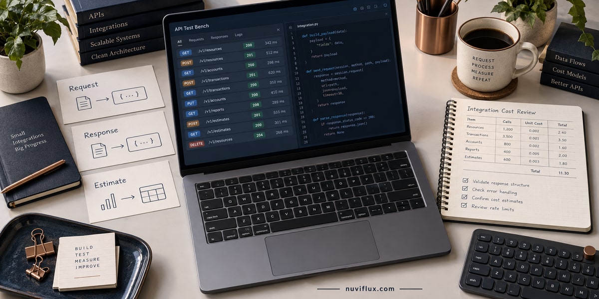 Concept scene of an API test desk with a laptop, request-response cards and a cost-estimate notebook.