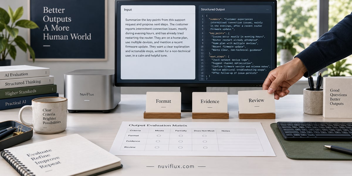 Concept scene of an output evaluation bench with input-output panels and format, evidence and review cards.