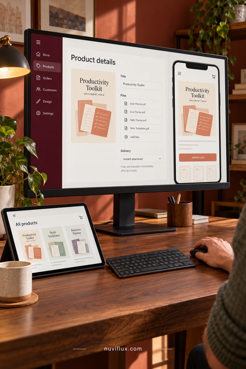 A developer edits a digital product’s details beside a mobile storefront preview on a desktop screen.