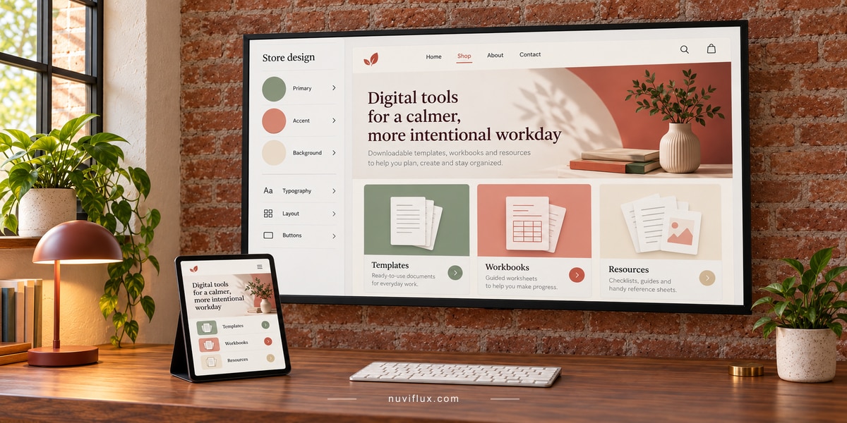 A wall display shows a digital storefront theme editor beside a matching mobile preview on a tablet.