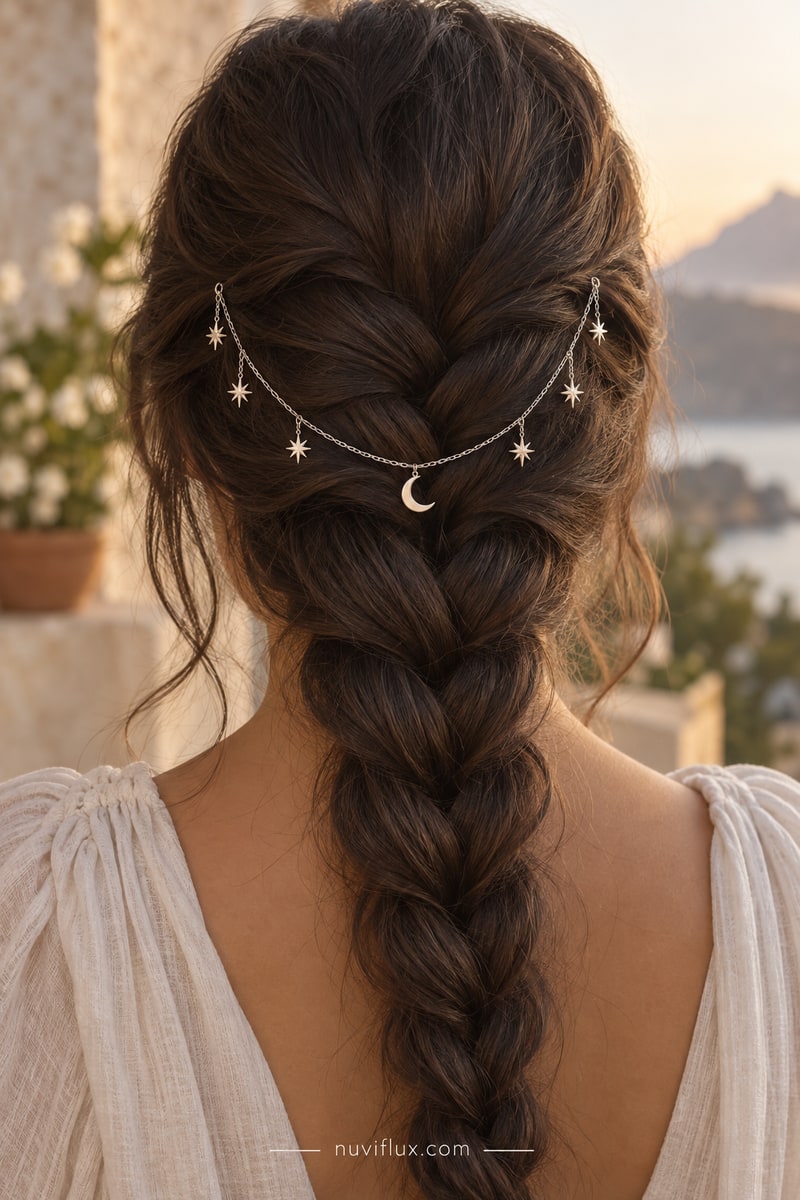 Original portrait concept scene for list celestial hair chains on etsy.
