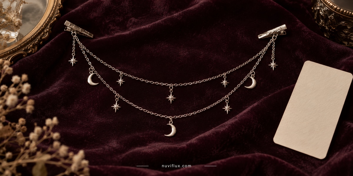 Original wide concept scene for list celestial hair chains on etsy.