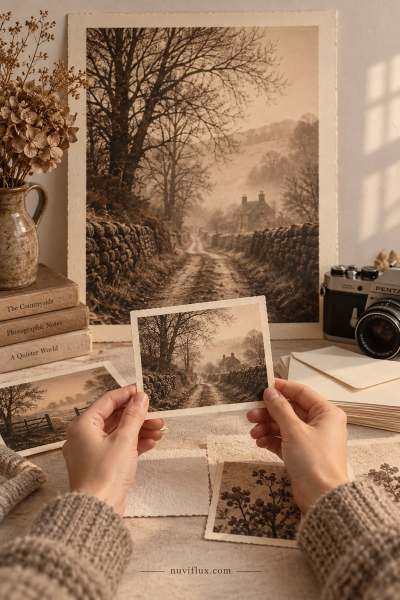 Original vertical concept scene for list vintage-style sepia photography prints on etsy.