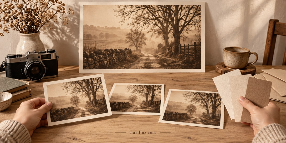 Original concept scene for list vintage-style sepia photography prints on etsy.