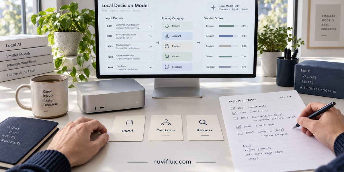 Concept scene of a compact local-model workstation with decision categories and evaluation cards.