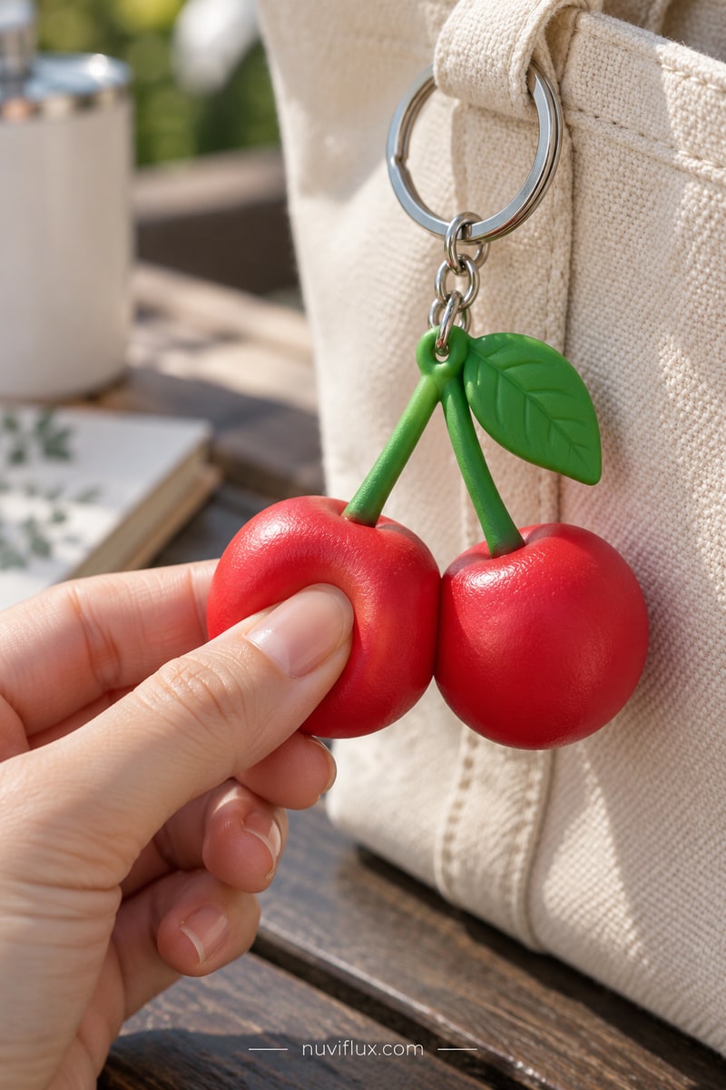 Original portrait concept scene for make cherry squishy keychains for social commerce.