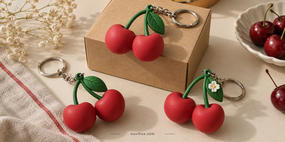 Original wide concept scene for make cherry squishy keychains for social commerce.