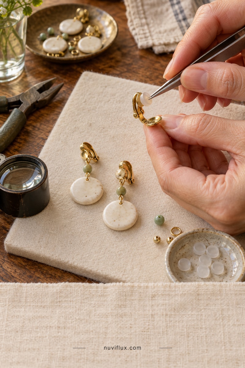 A maker uses tweezers to add a cushion to an open clip-on clasp beside a matching pair of round-pendant earrings.