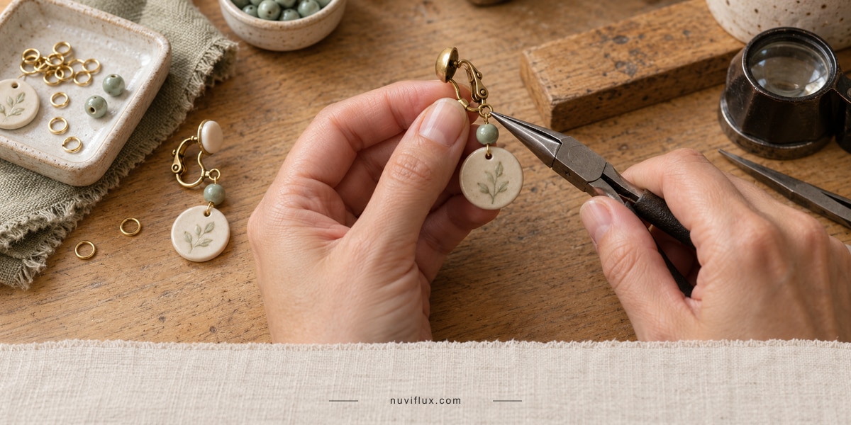 Hands use jewelry pliers to assemble an original round-pendant clip-on earring with a sage bead and hinged clasp.