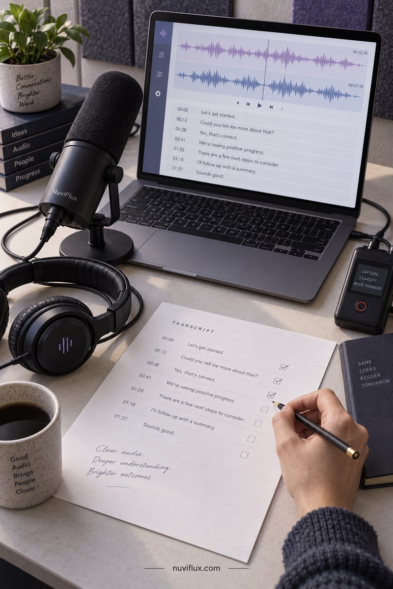 Portrait concept scene of a hand checking sample transcript timestamps beside recording equipment.