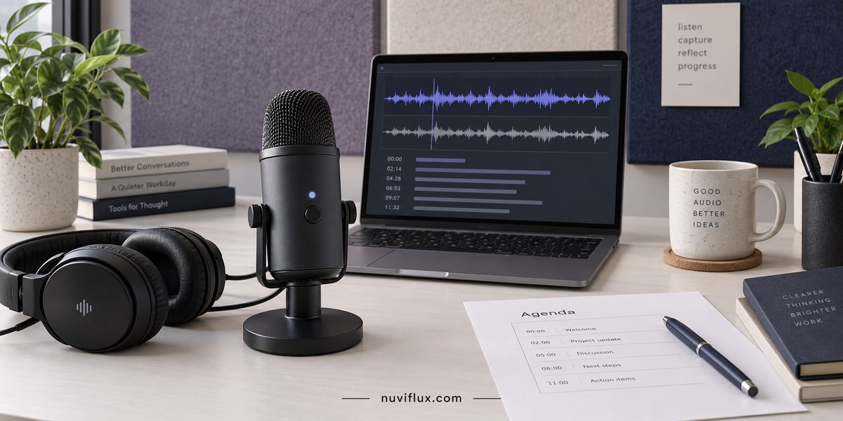 Concept scene of a meeting recording station with a microphone, headphones and two fictional waveform tracks.