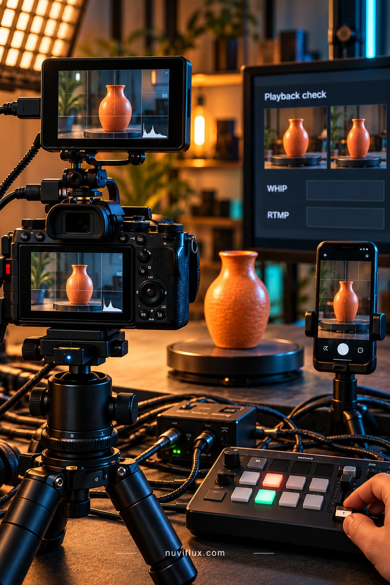 A camera, playback displays and a compact switcher form a live-workshop test station.