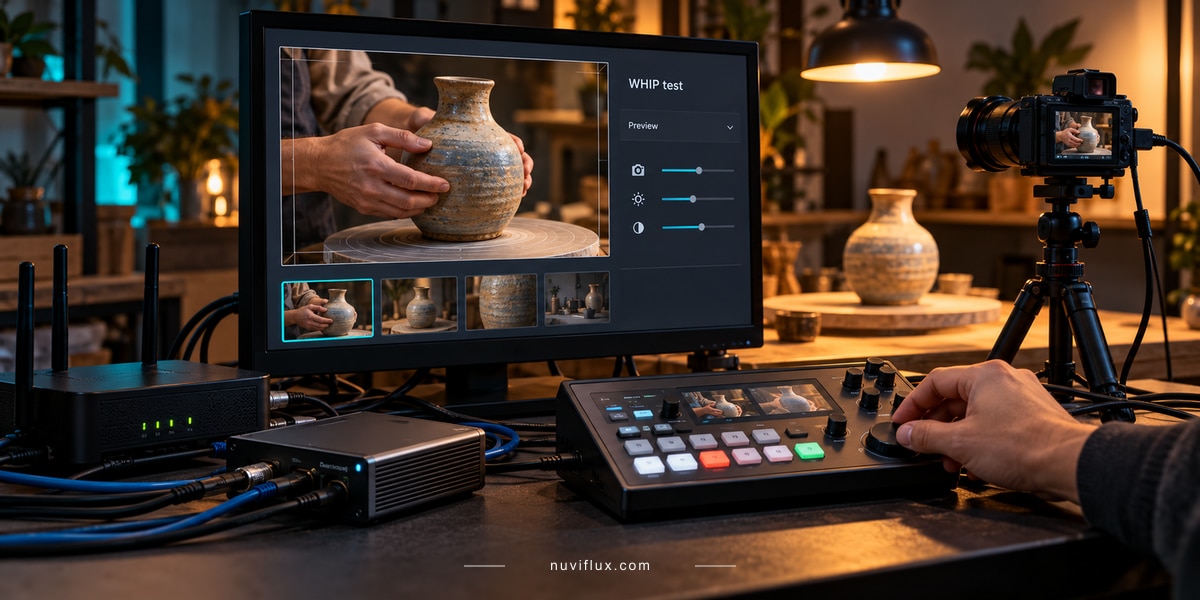 A technician adjusts a streaming controller beside a camera and a conceptual WHIP test preview.