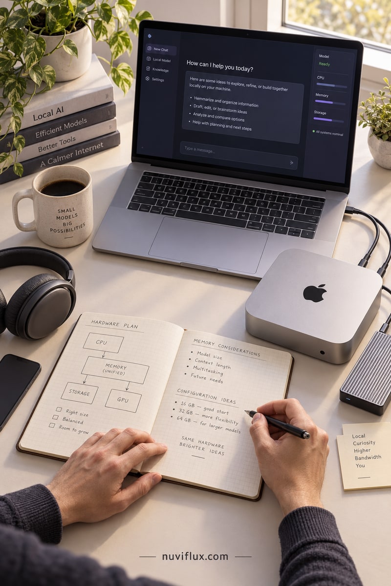 Vertical concept scene of hands reviewing local-model hardware notes beside a laptop and desktop computer.