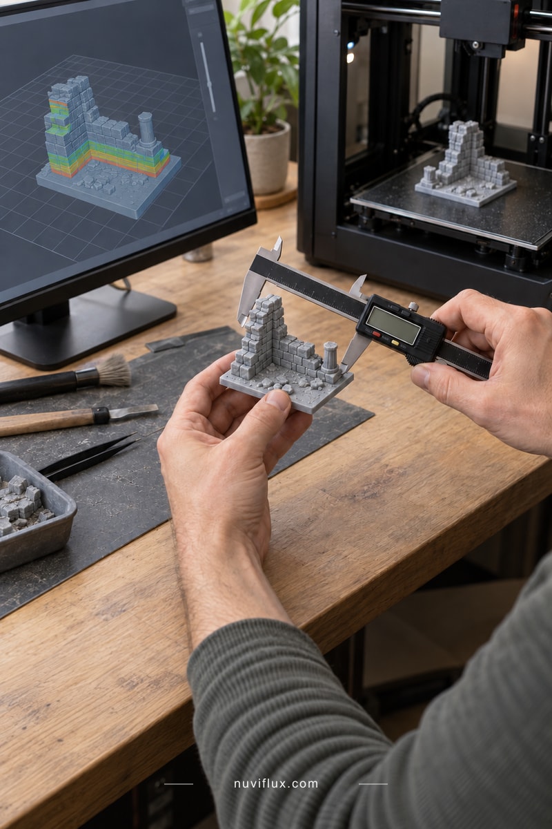 Hands use a caliper to examine a miniature stone-wall example near a slicer preview and a 3D printer.