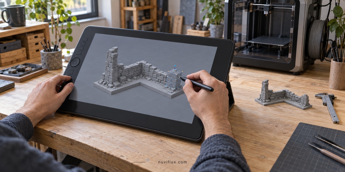 A modeler edits an original stone-wall terrain design on a pen display beside a 3D printer and a miniature example.
