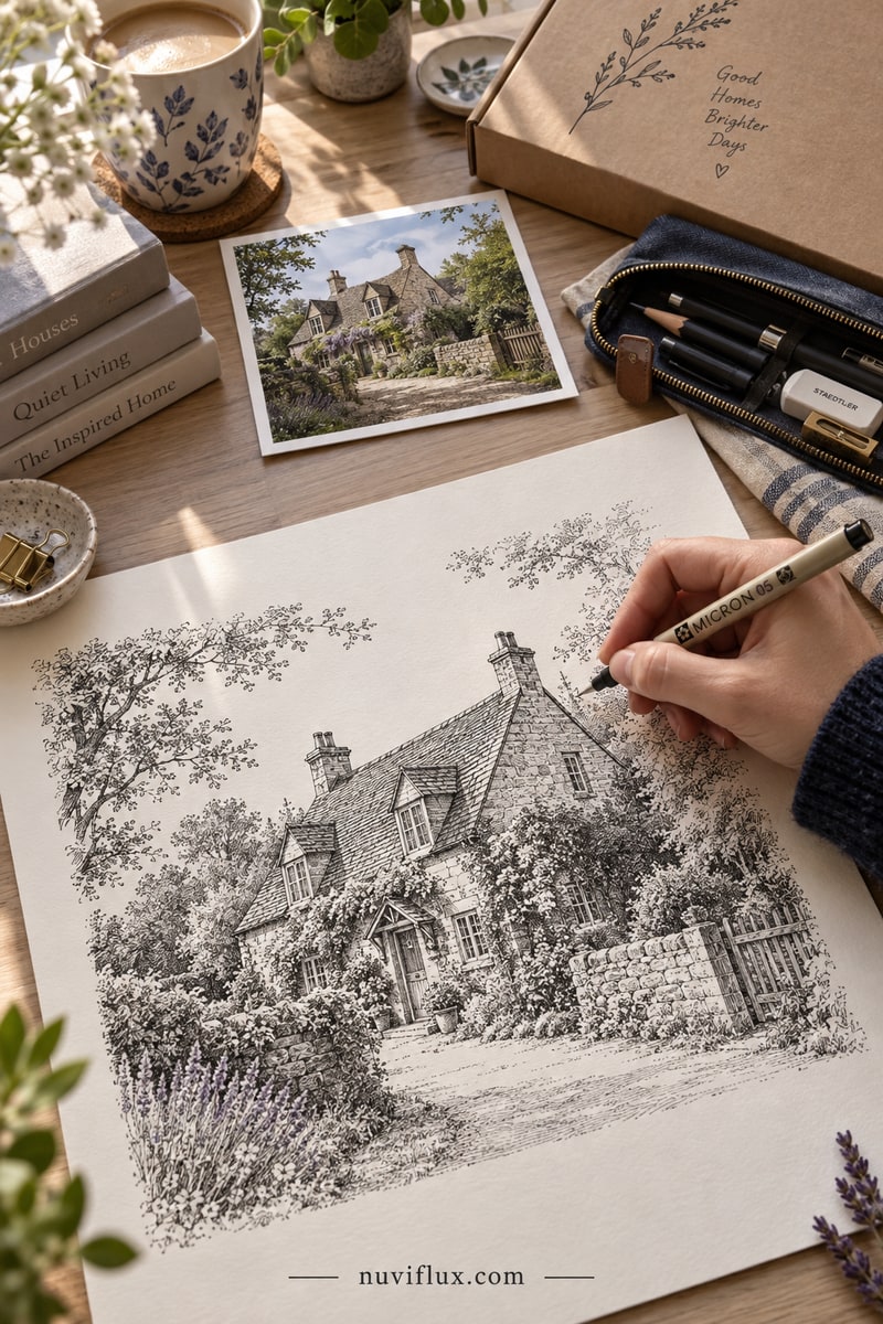 Portrait concept scene showing a hand beside a detailed invented cottage drawing and reference image.