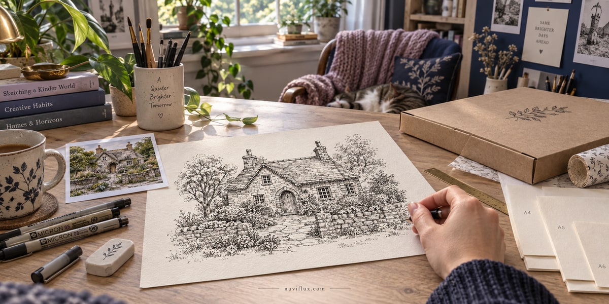 Concept scene of an illustrator's bright desk with an invented cottage drawing, pens and a rigid mailer.