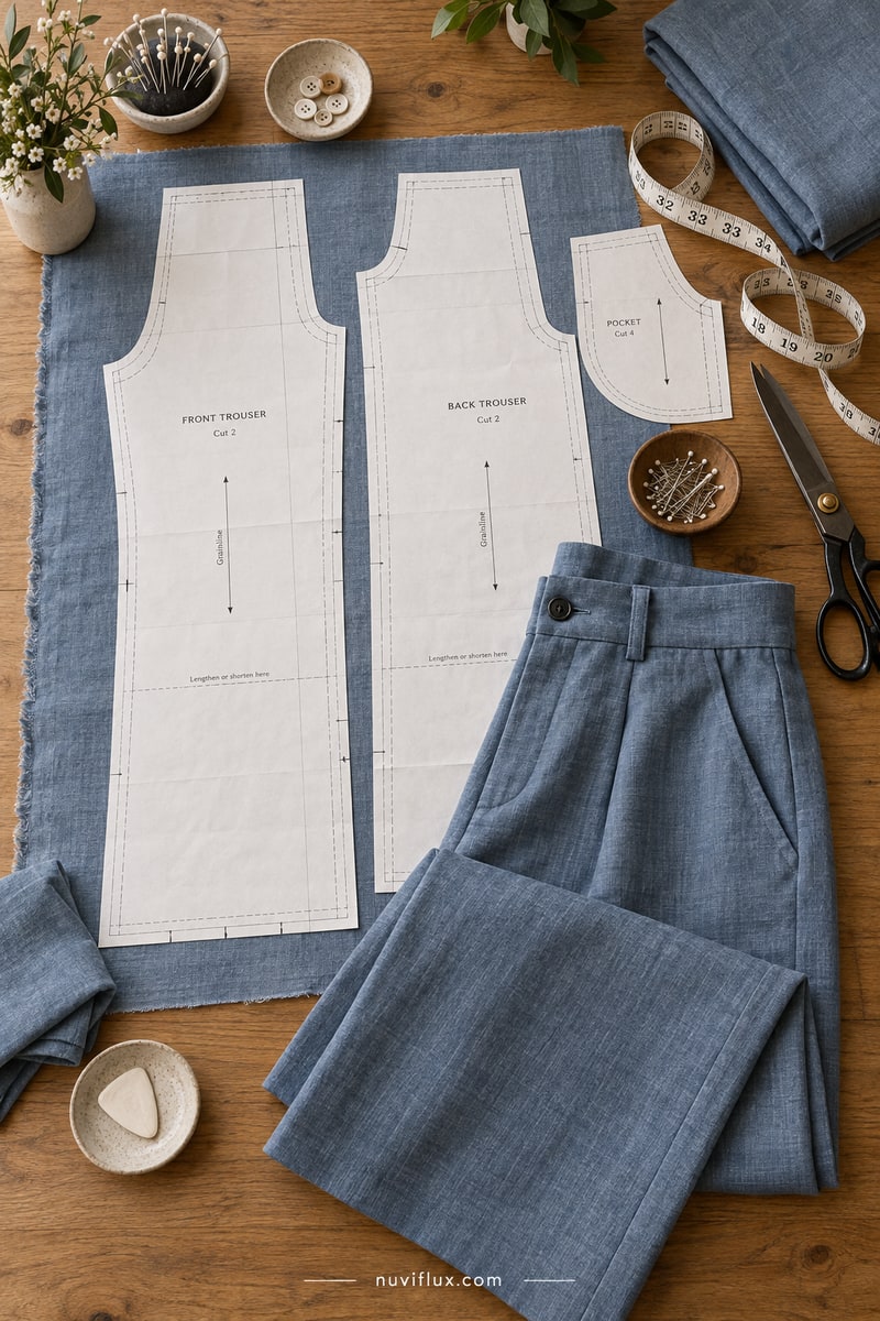 Original portrait concept scene for sell digital wide-leg pants sewing patterns.